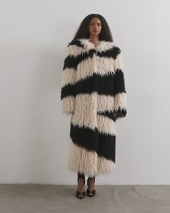Topshop faux fur long collarless coat in mono print