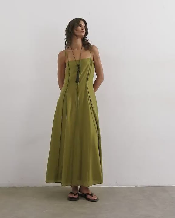 Topshop raw seamed strappy maxi dress in chartreuse green