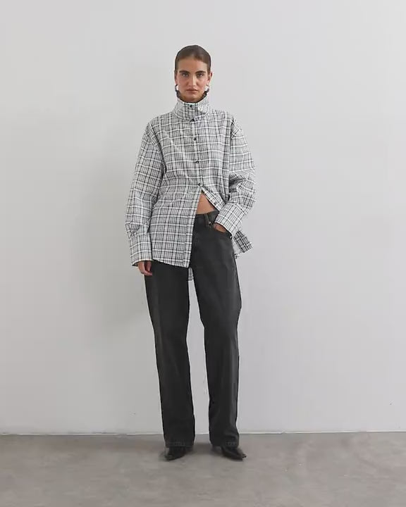 Topshop funnel neck shirt in check print
