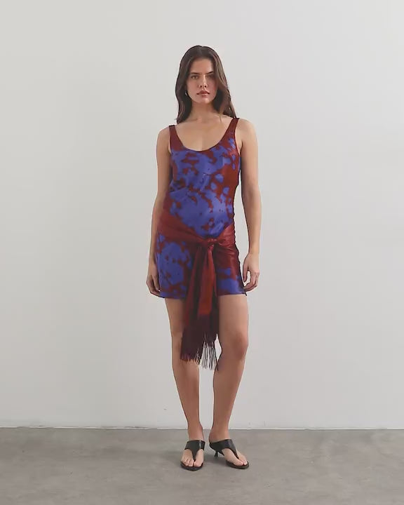 Topshop satin scoop neck dropped waist mini dress with fringed tie in burgundy and blue abstract print