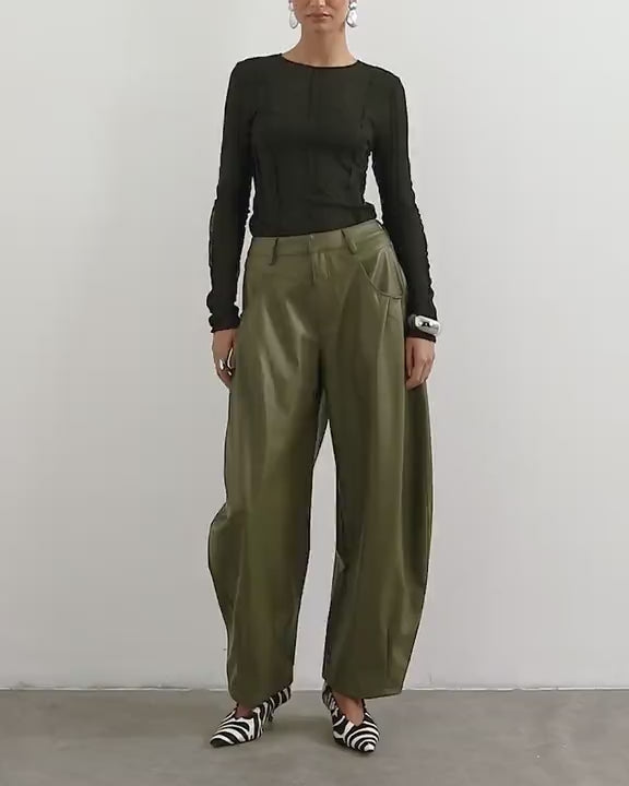 Topshop faux leather yoke detail barrel leg in khaki