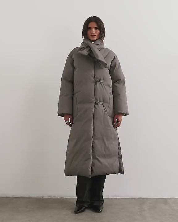 Topshop pillow scarf longline puffer jacket in taupe