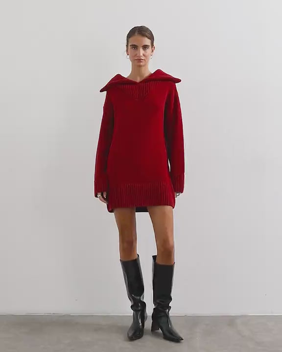 Topshop knitted open collar mini dress with wool in red