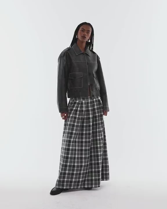 Topshop faux leather cropped button thru patch pocket bomber in washed black