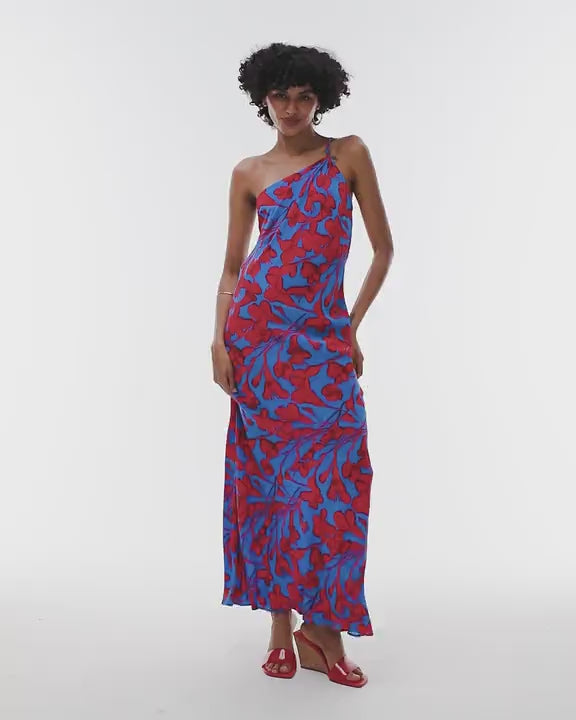 Topshop asymmetric one shoulder open back midi occasion dress in bold red and blue floral