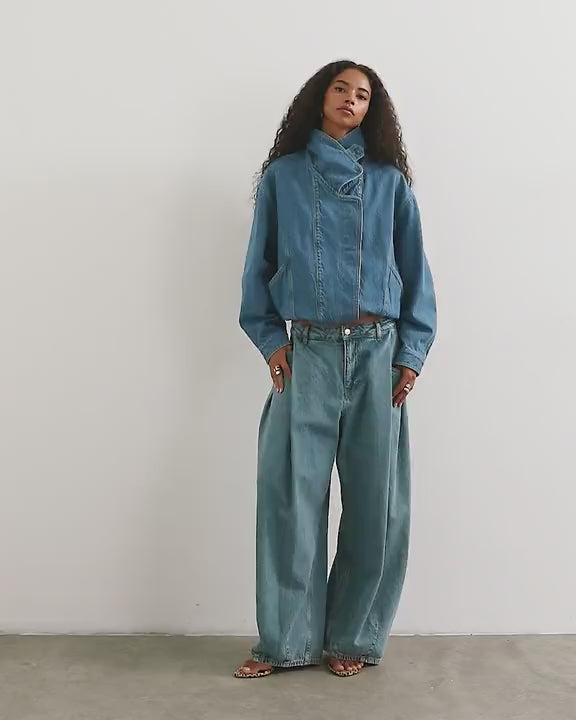 Topshop denim elastic waistband bomber jacket in mid green cast 