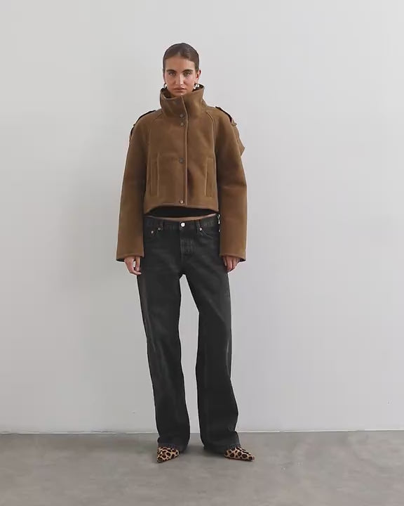 Topshop shearling double breasted short biker in tan