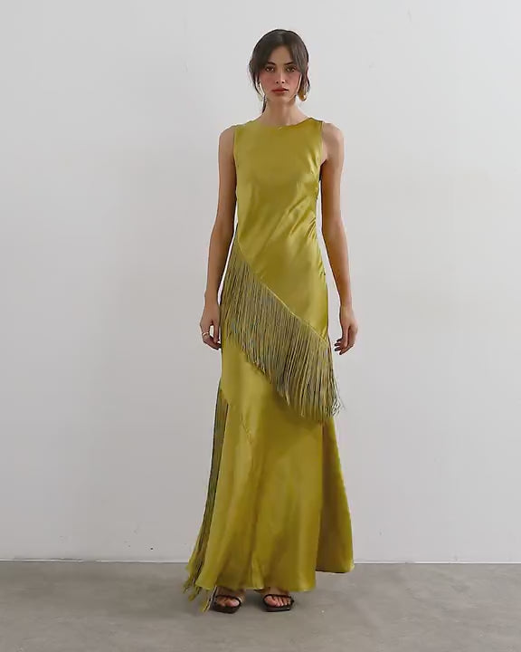 Topshop satin asymmetric fringed maxi dress in olive