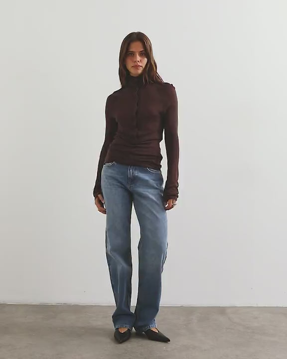 Topshop knitted high funnel neck henley top in aubergine