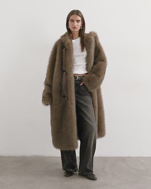 Topshop faux fur longline toggle coat in brown