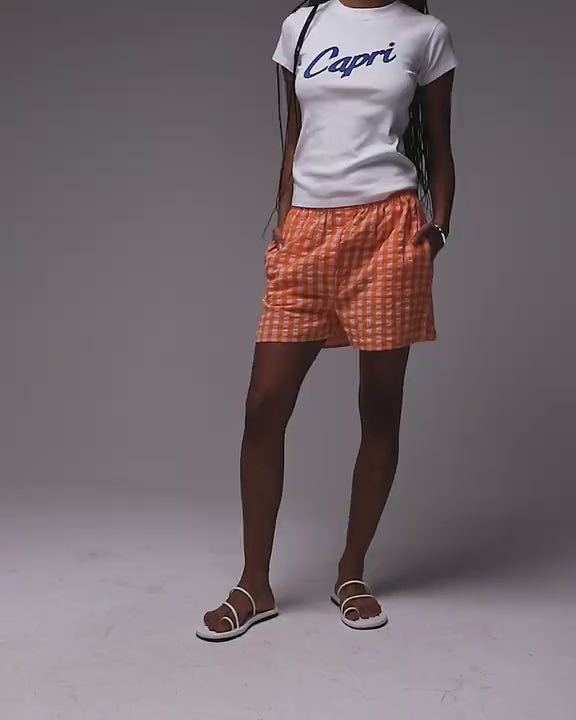 Topshop pull on check textured boxer short in orange