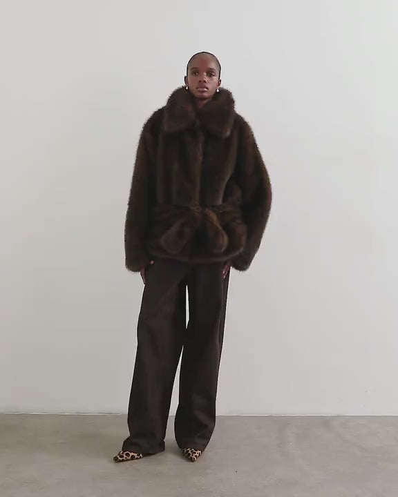 Topshop faux fur short belted coat in brown