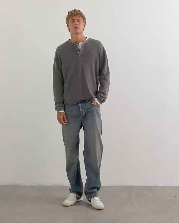 Topman relaxed fit waffle henley with raw hem in washed black