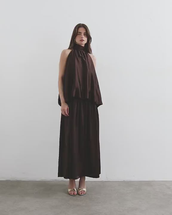 Topshop halter neck voluminous blouson maxi dress in chocolate