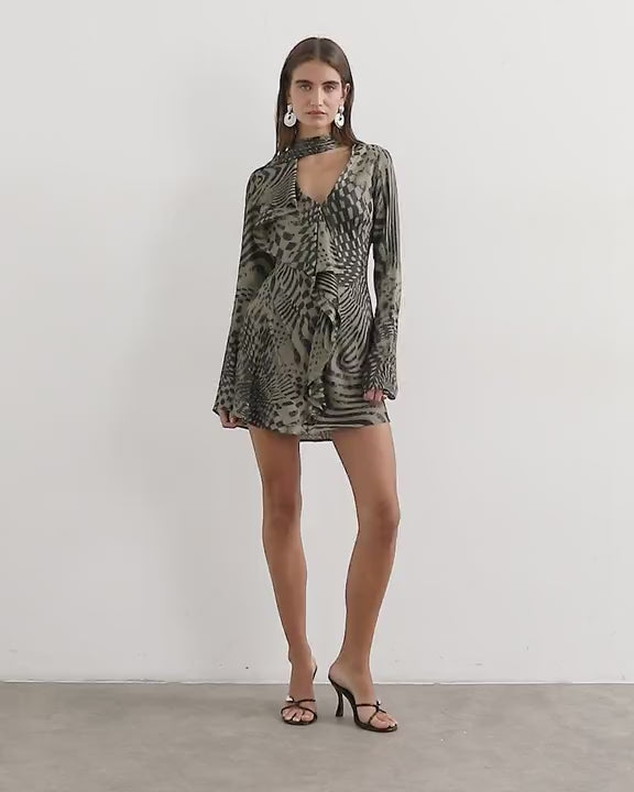 Topshop long sleeve ruffle mini dress with scarf wrap detail in abstract woodgrain print