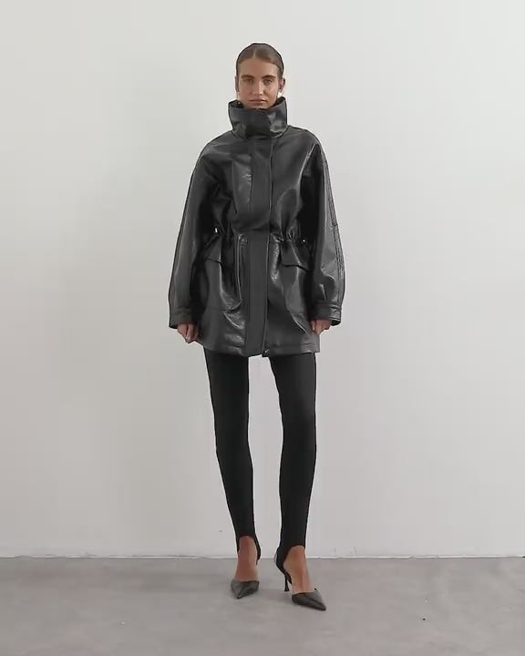Topshop faux leather cinch waist funnel neck jacket in black