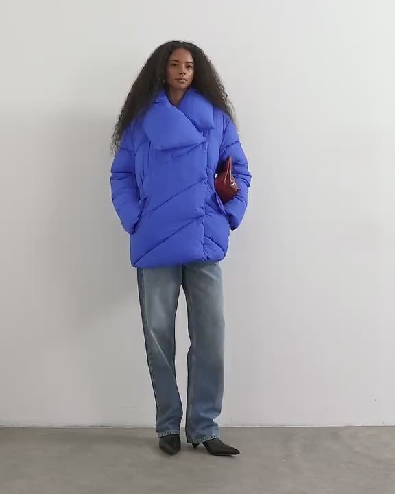 Topshop funnel neck mid length puffer jacket in blue