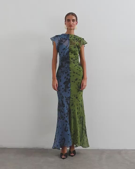 Topshop chiffon scarf detail maxi dress in half and half khaki and blue abstract spot print