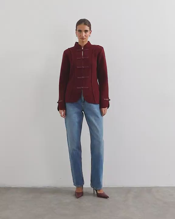 Topshop knitted all needle frogging detail jacket in red