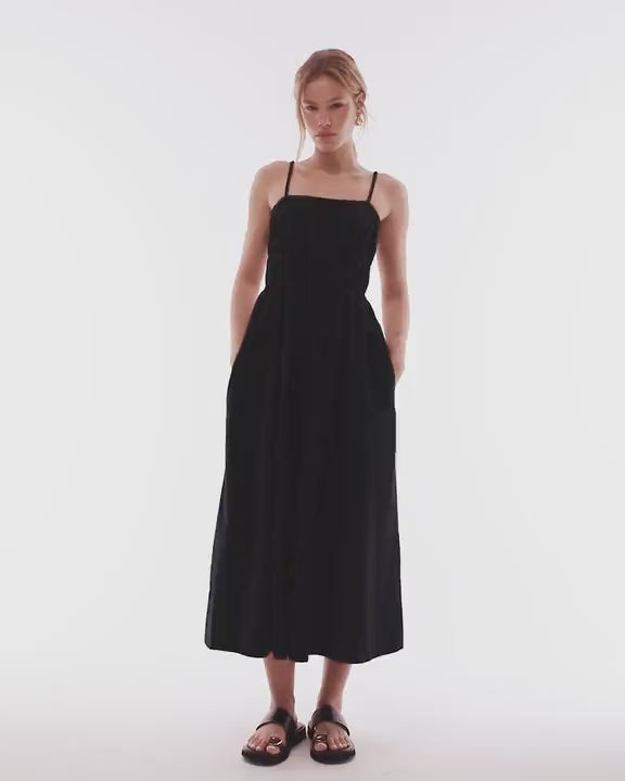 Topshop shirred poplin midi dress in black