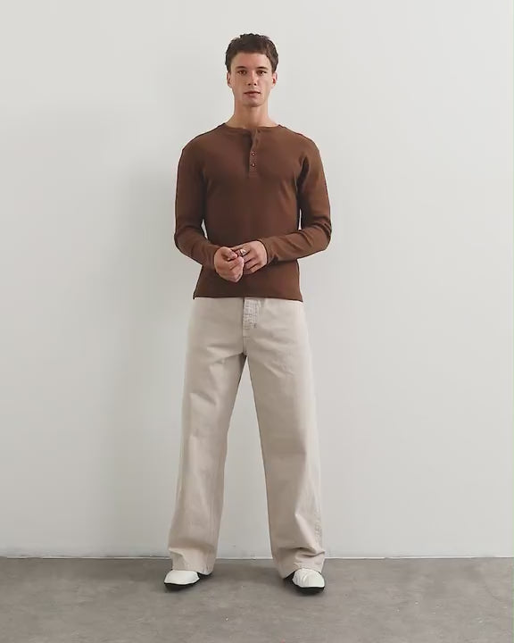 Topman slim fit long sleeve rib henley t-shirt in brown