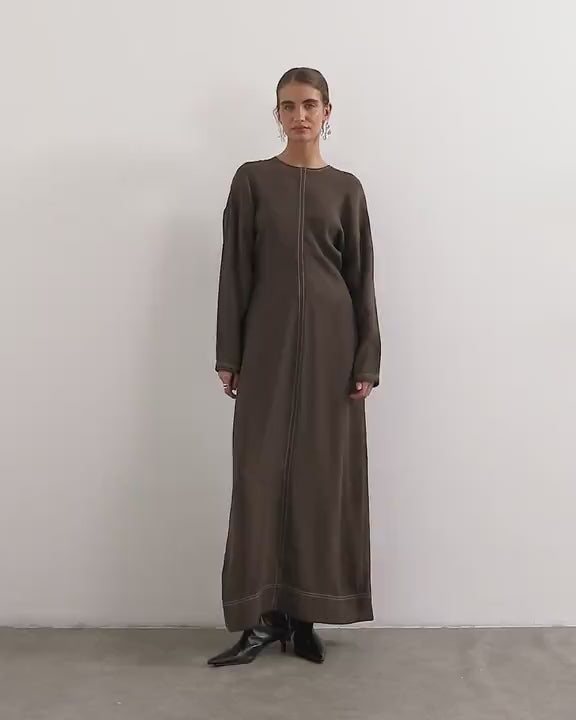 Topshop soft touch drop armhole maxi dress in chocolate with ecru contrast topstitching