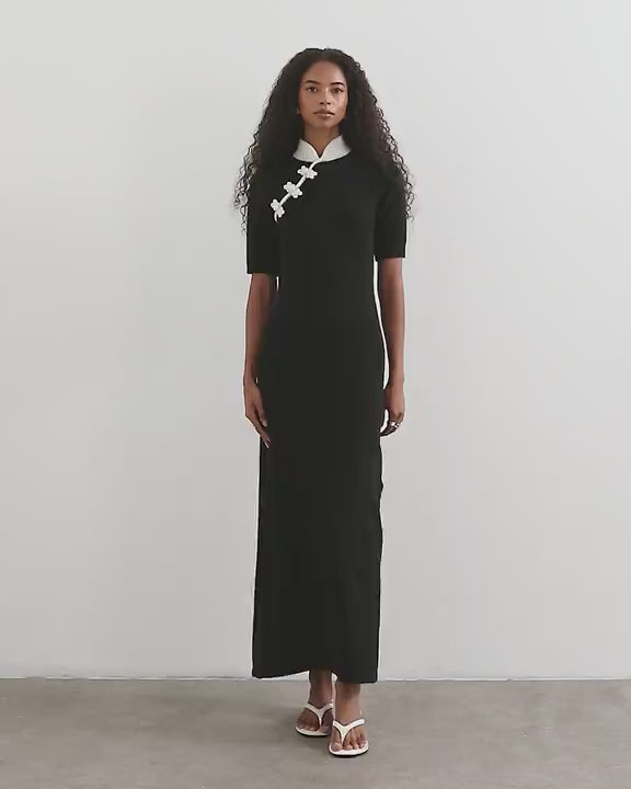 Topshop knitted mandarin collar maxi dress with wool in black mono