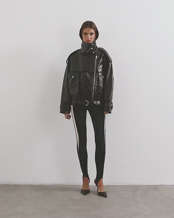 Topshop faux croc leather fold funnel biker in chocolate