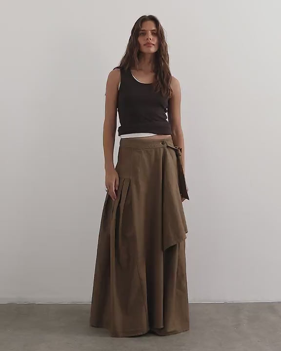 Topshop X Cara denim waterfall drape pleated skirt in camel