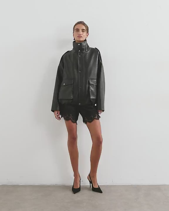 Topshop faux leather funnel neck drawstring bomber in black