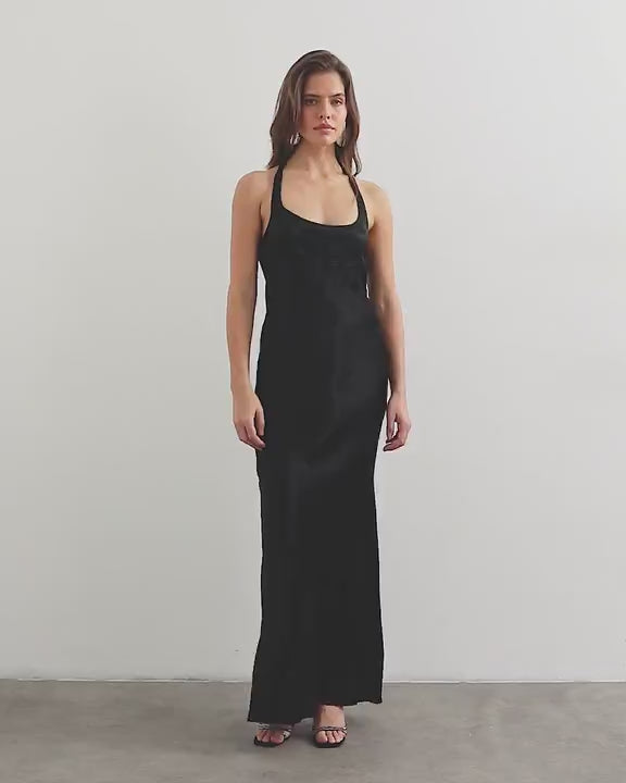 Topshop satin scoop neck maxi dress with stitch detailing in black