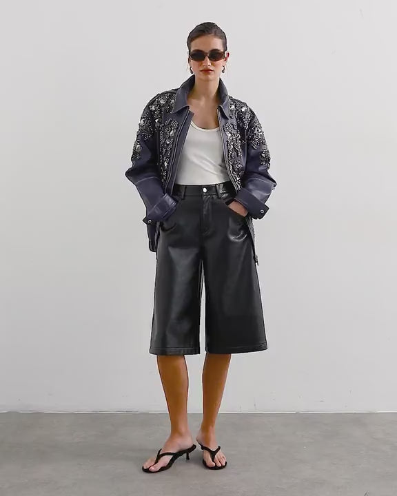 Topshop real leather beaded jacket in blue