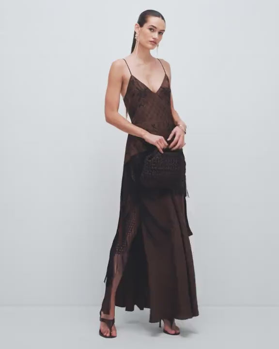Topshop satin strappy maxi dress with jacquard embroidery and fringing in chocolate