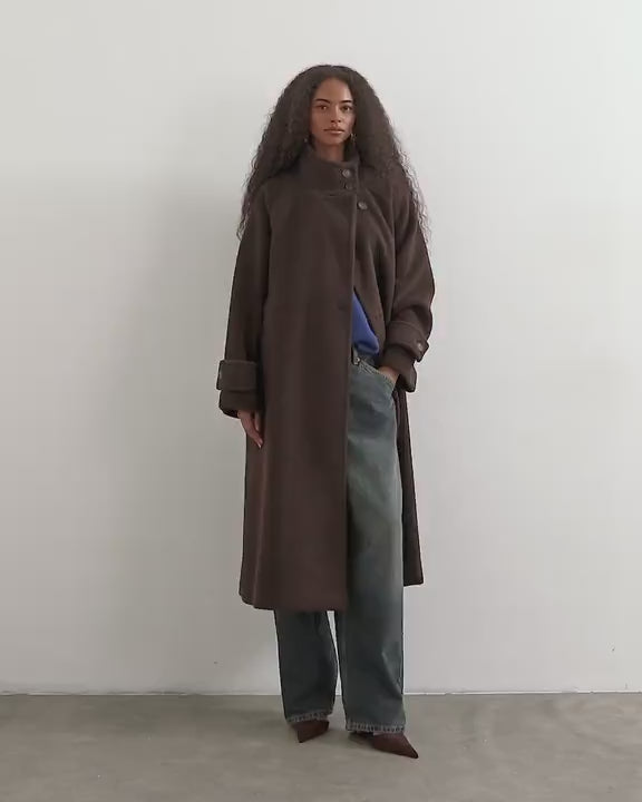 Topshop formal funnel neck longline coat in chocolate