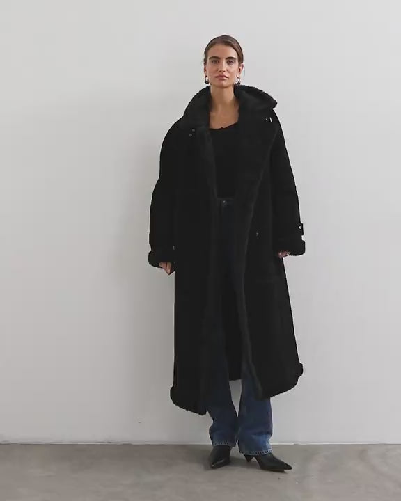 Topshop longline borg trim funnel neck coat in black