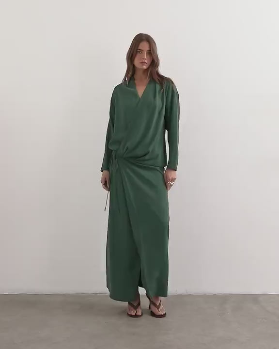 Topshop low cut tie waist blouson maxi dress in dark green