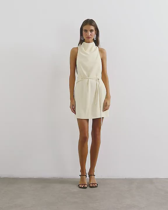 Topshop heavy crepe high cowl neck mini dress with tie waist in cream