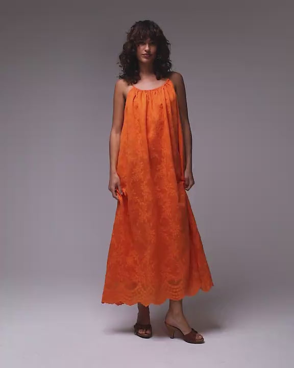 Topshop embroidered midi dress in orange