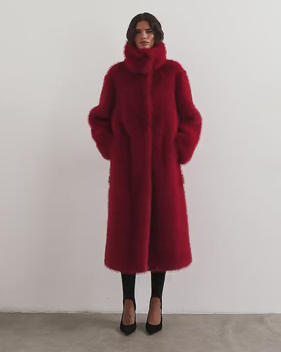 Topshop faux fur longline coat in red
