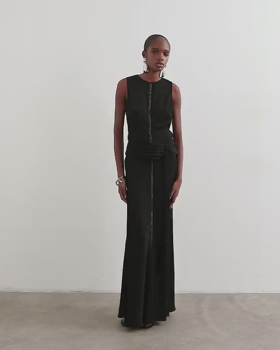 Topshop premium satin dropped waist sash detail maxi dress in black with contrast top stitching