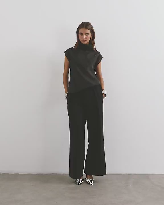 Topshop tailored pleat detail low rise wide leg trousers in black
