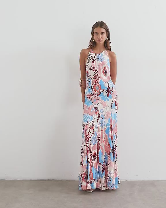 Topshop satin cut away racer neck full skirt maxi dress in blue and pink bold floral
