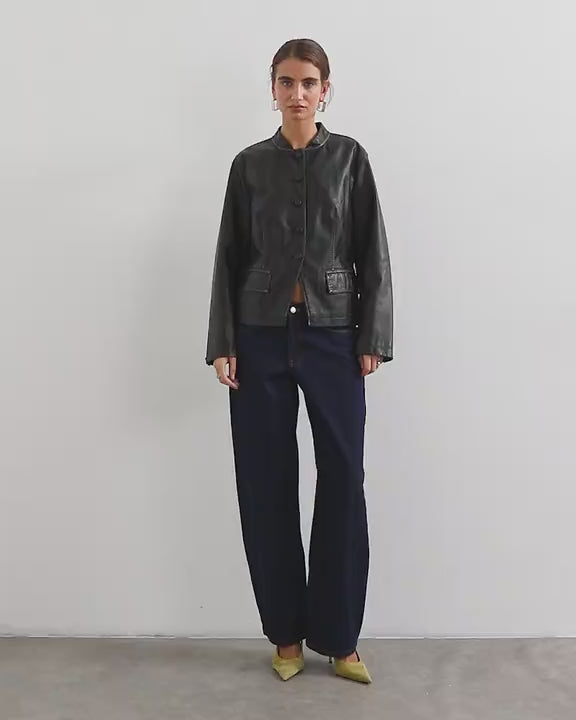 Topshop faux leather button down washed blazer in black