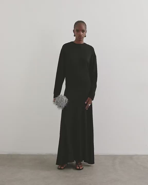 Topshop viscose blend jersey long sleeve dropped waist maxi dress in black