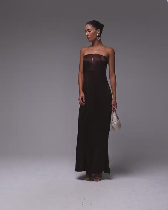 Topshop satin bandeau midi dress in chocolate