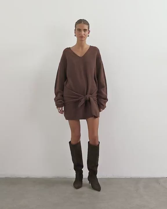 Topshop knitted tie front long line mini jumper dress in deep mahogany