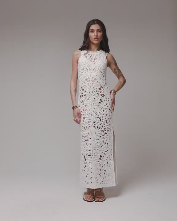 Topshop knitted premium crochet maxi dress in ivory