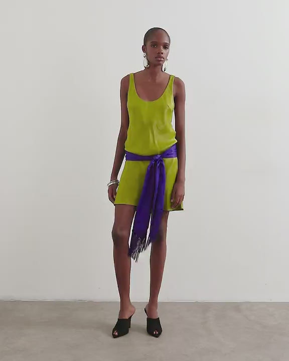 Topshop satin scoop neck dropped waist mini dress with fringed tie in green and purple