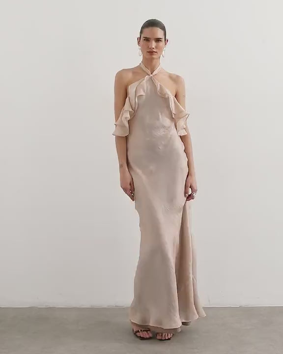 Topshop frill halter neck maxi dress in iridescent mink