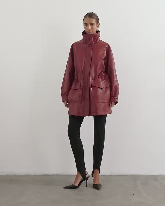 Topshop faux leather cinch waist funnel neck jacket in cherry